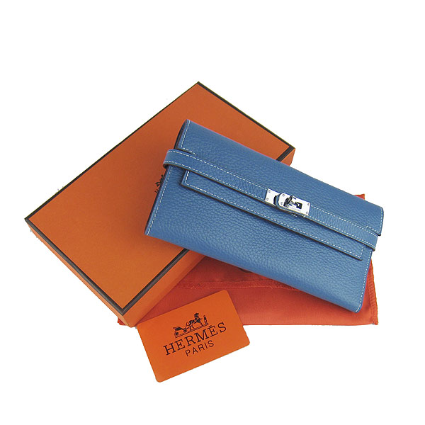 High Quality Hermes Kelly Long Clutch Bag Blue H009 Replica - Click Image to Close